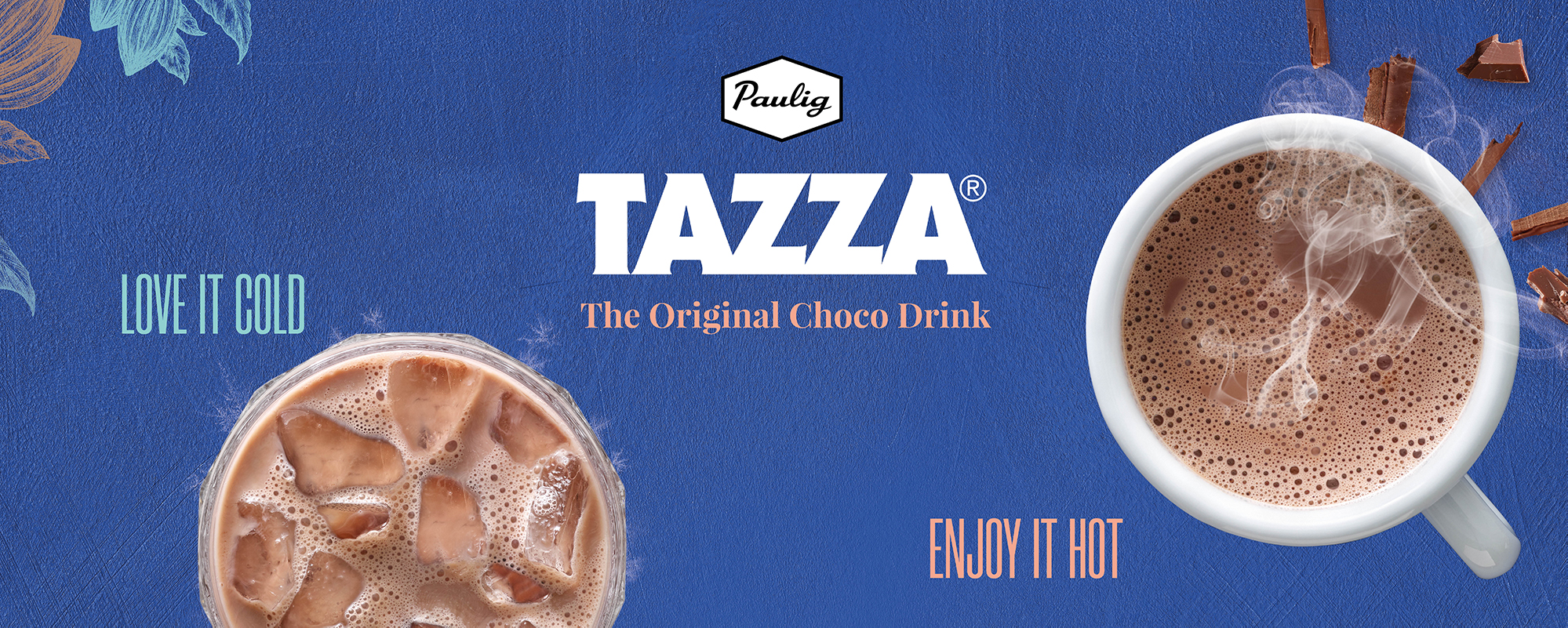 tazza-teksti sinisellä taustalla jossa on kaksi mukia kaakaota